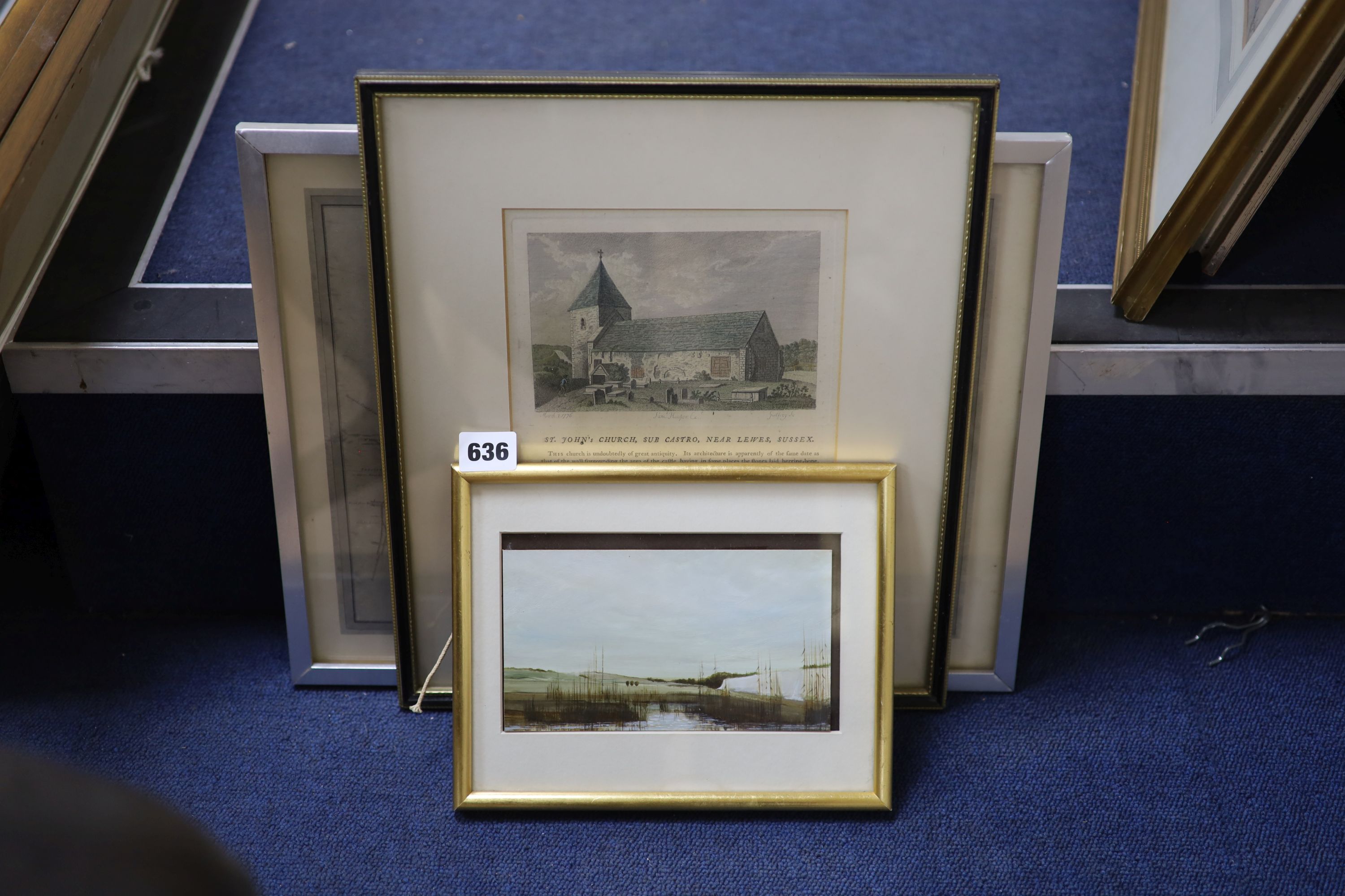 Patrick Hanks, watercolour, Cuckmere Haven, 10 x 18cm, with two local themed prints